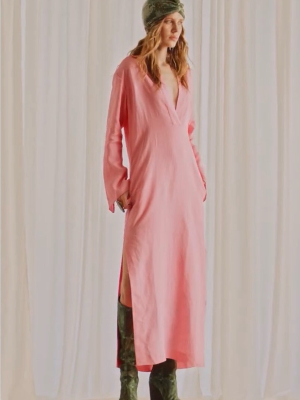 Zara Pink V-Neck Long Sleeve Maxi Dress